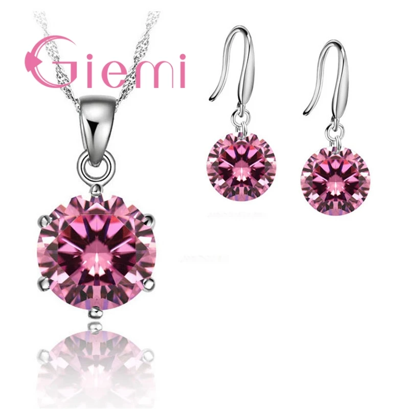 Delicate Round Crystal Necklace Earrings For Mother Women Anniversary Gift Jewellery Set 925 Sterling Silver