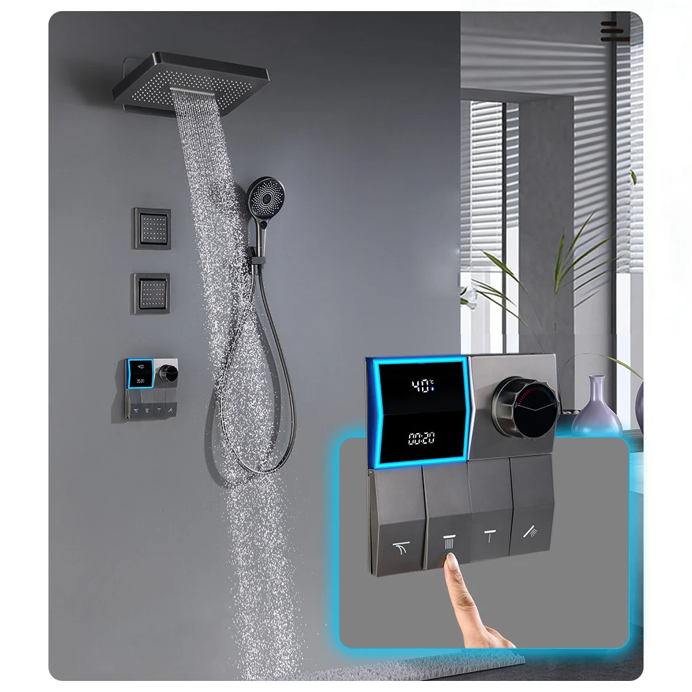LED Shower Set Large Screen Digital Display  4-Function Rain Canopy Shower Head Brass Concealed Thermostatic Mixer