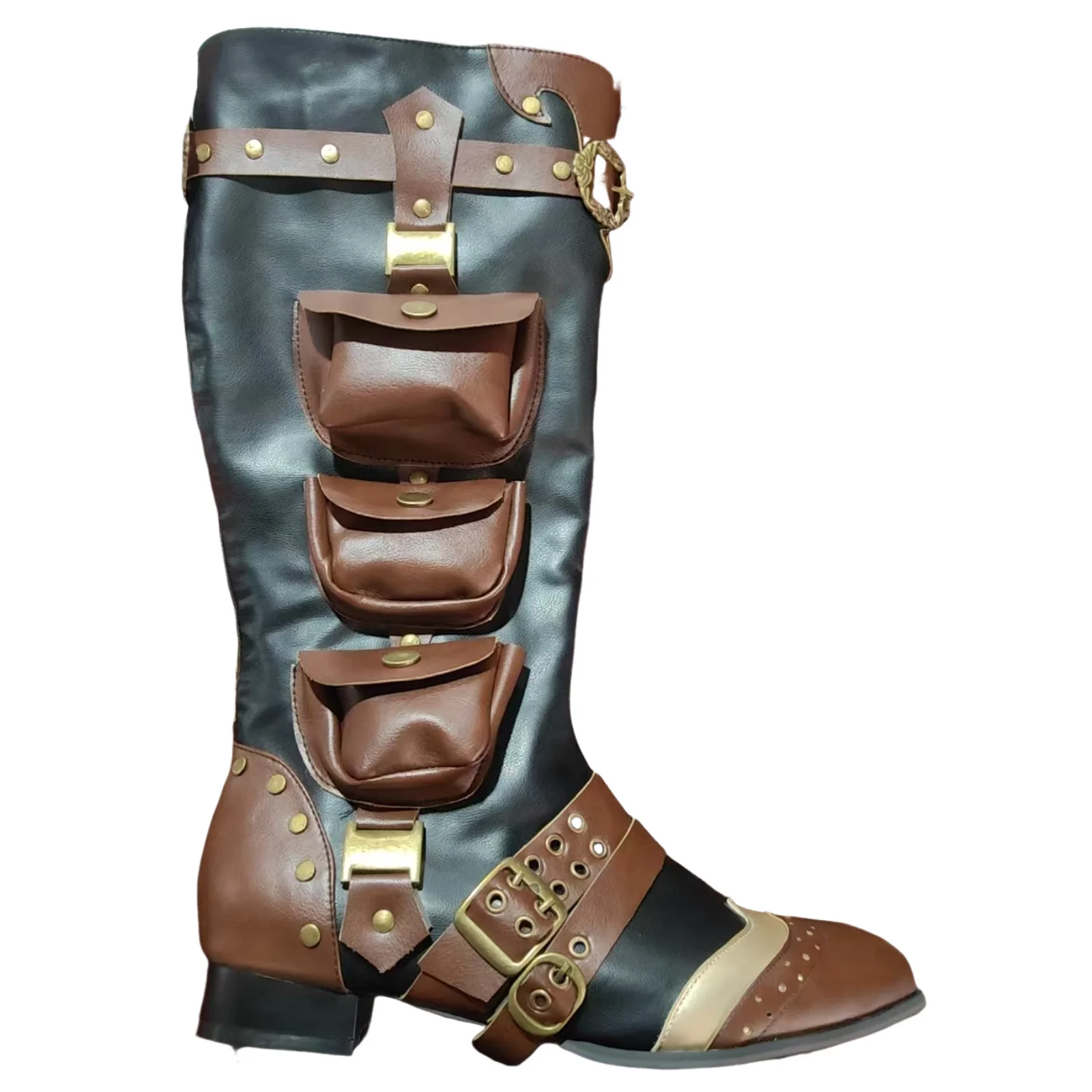 Bottes hautes rétro Steampunk médiévales avec poches, chaussures de pirate d'halloween pour hommes, Cosplay, hauteur des genoux, jeu de rôle