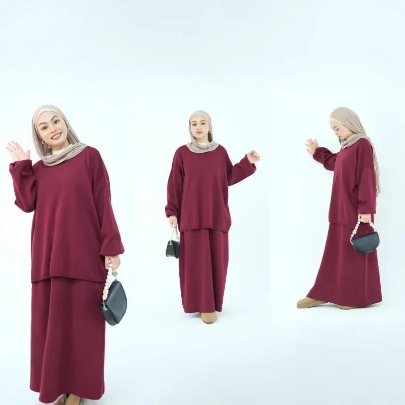 Autumn Winter Thickened Knitted Sweater Skirt Set Ramadan Modest Suits Muslim Women Solid Color 2-piece Set Warm Islam Clothing