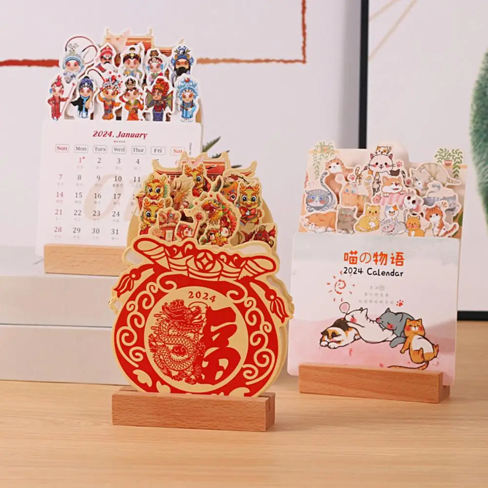 Non-bleeding Ink Calendar Plug-in Card Desk Calendar 2024 Cartoon Theme Desk Calendar With Wooden Base Monthly Desktop For Home