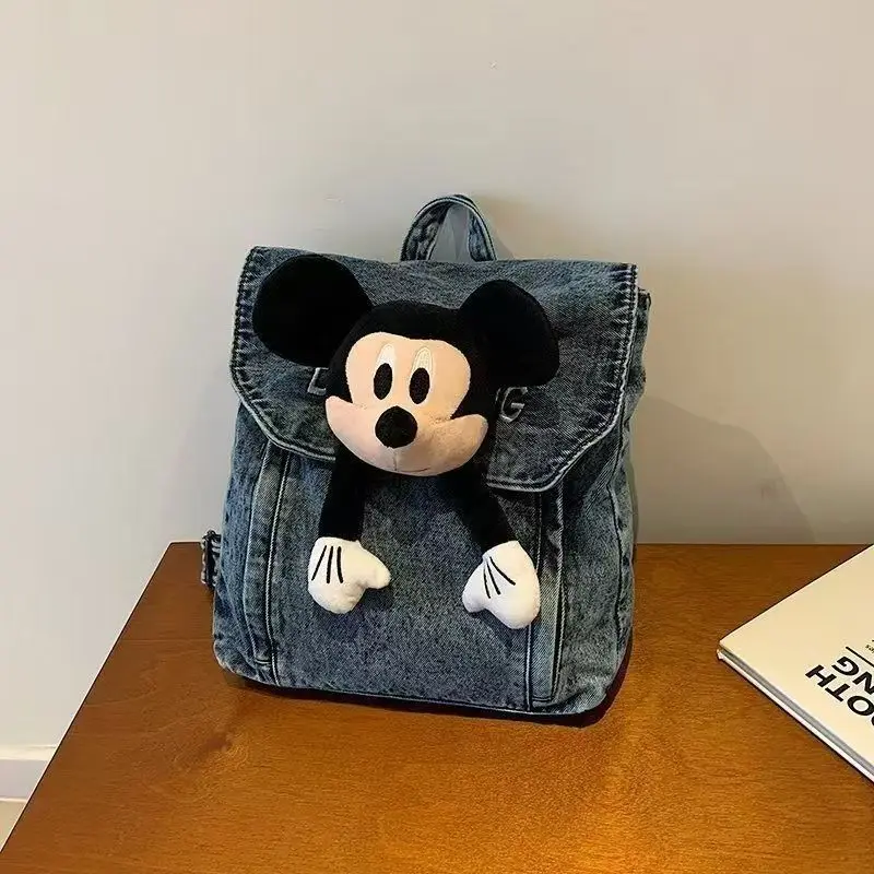 かわいい漫画ディズニーシリーズミッキー女の子新しいアウトドアファッションポータブル大容量収納洗浄デニム人形バックパックギフト