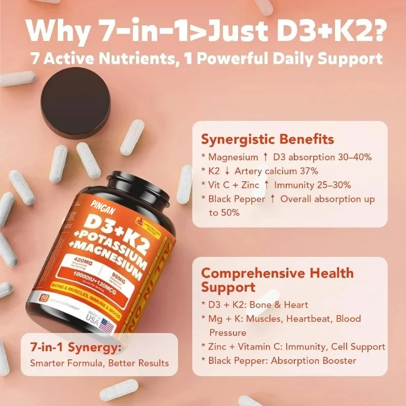 Vitamin D3 K2 10000 IU Containing Magnesium and Potassium -60 Capsules for Bone and Immune Health Support