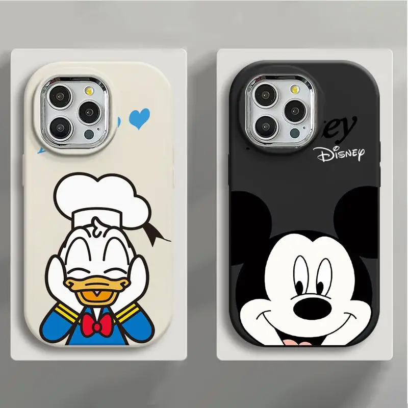 Plating Metal Lens Phone Case for iPhone 15 14 13 12 11 Pro Max Plus Color Liquid Cover Mickey Minnie Mouse Donald Saisy Duck