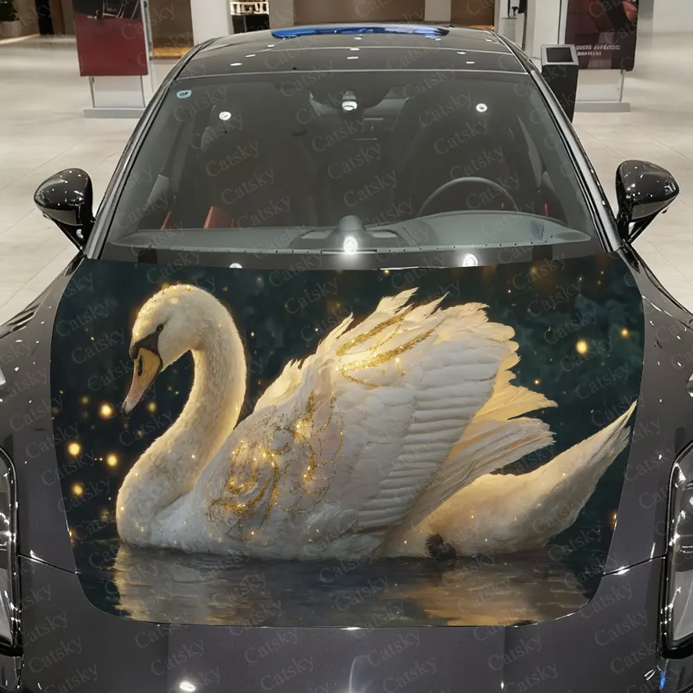 Gilded Crowned Swan Resting in Pond Car Vinyl Wrap, PVC Waterproof Car Hood Sticker, Self-Adhesive Scratch-Resistant Stickers