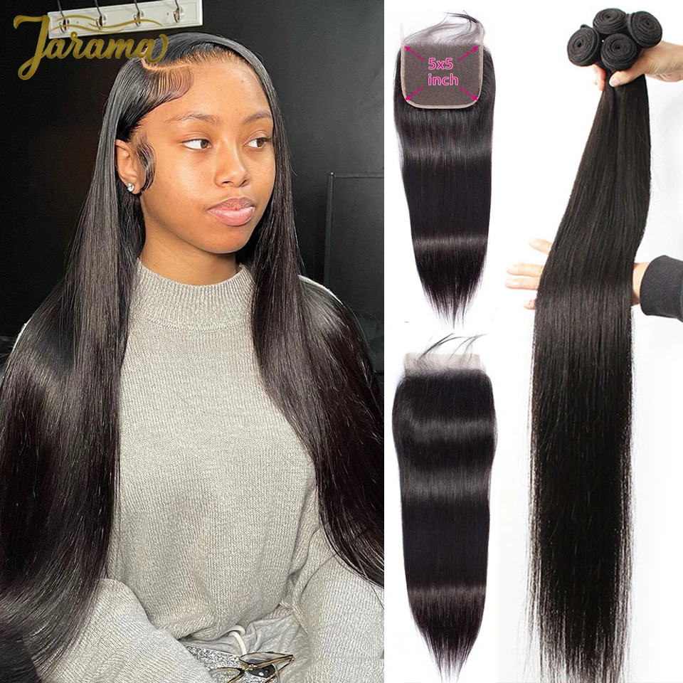 Bone Straight Human Hair Bundles With Closure Remy Hair Bundles With Transparent 5x5 Closures Brazilian Hair Weave Extension 3 Day Delivery France