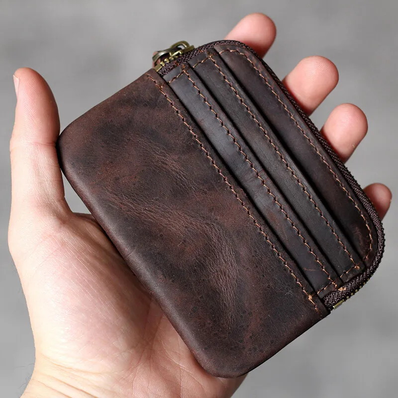 กระเป๋าสตางค์หนังแท้สไตล์เรโทร ทำมือ หนังเครซี่ฮอร์ส สำหรับผู้ชาย ทรงบาง มีซิป ใส่กุญแจ บัตรเครดิต ใส่เหรียญ กระเป๋าใบเล็ก