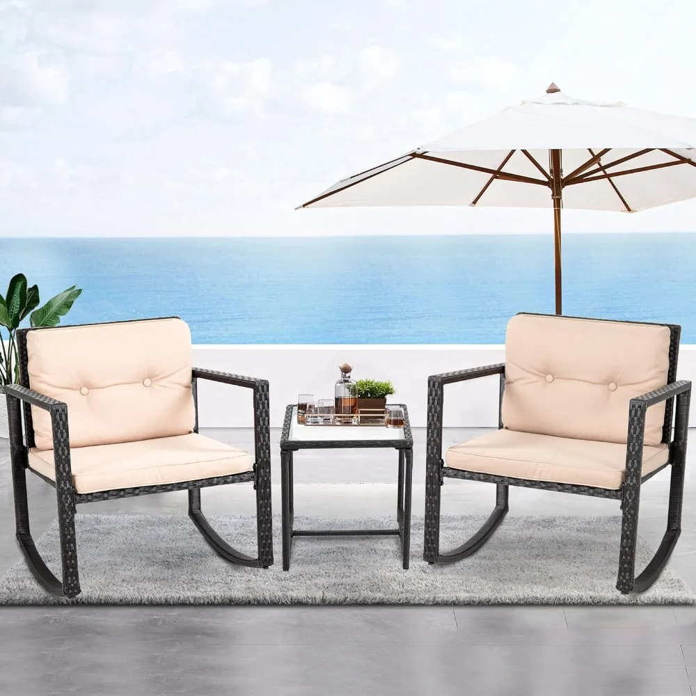 3 Piece Wicker Bistro Set Patio Furniture Sets Rocking Chair Outdoor Patio Set Rattan Chair Conversation Set with Porch Chairs