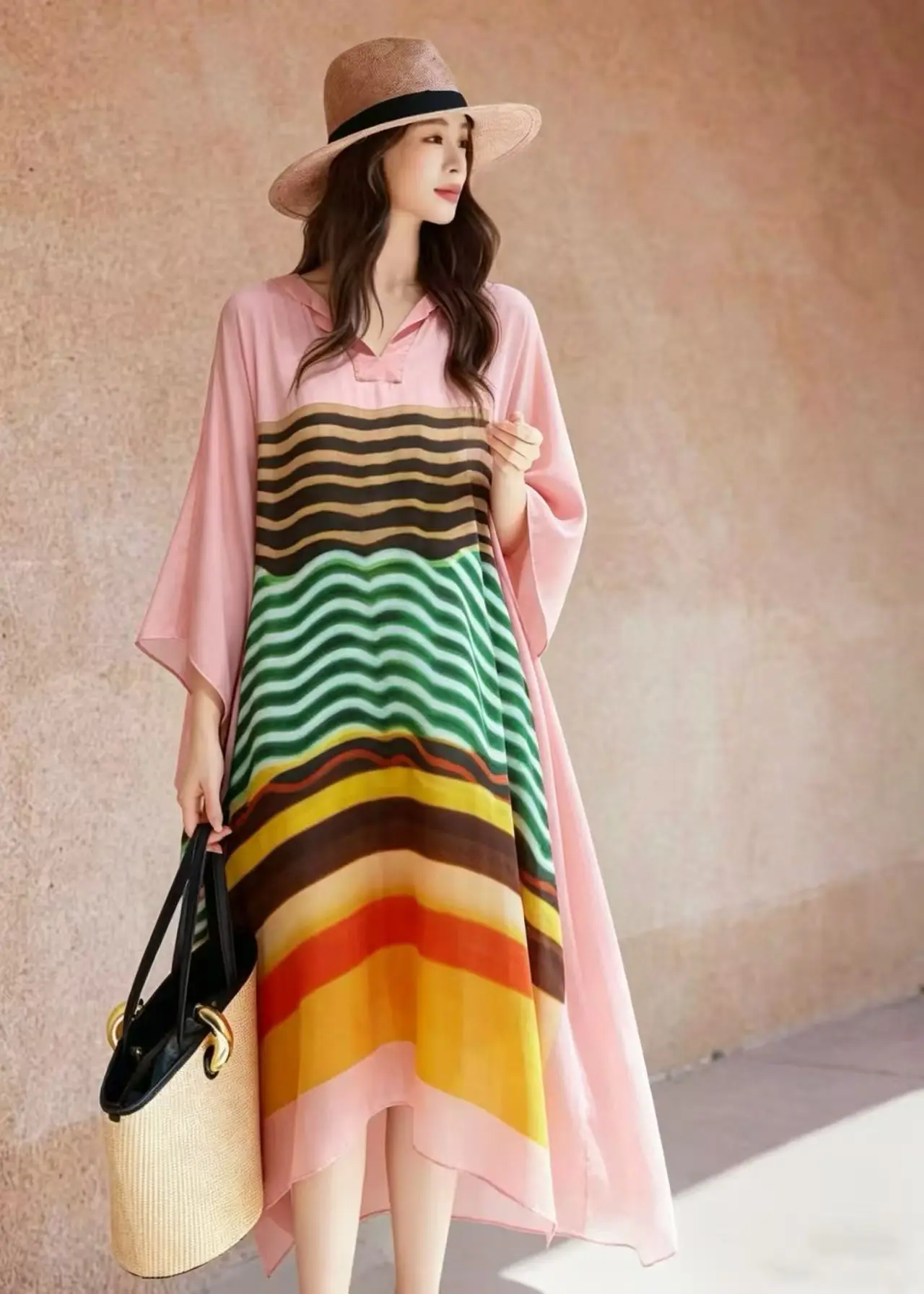 Summer New V-neck Rainbow Bat Sleeve Silk Printed Striped Fabric Medium length Loose Beach Vacation Women's Dress M-L