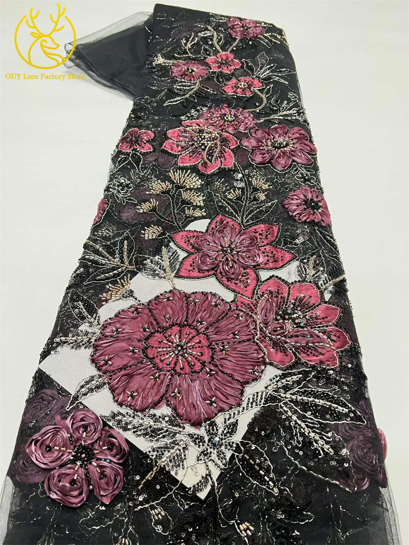Modische 3D-Blumenstickerei Pailletten Tüll-Mesh-Spitze 2026 Nigerianische Perlen-Mesh-Spitze für Braut-Hochzeitskleider und Partykleider zum Nähen – Detail 7