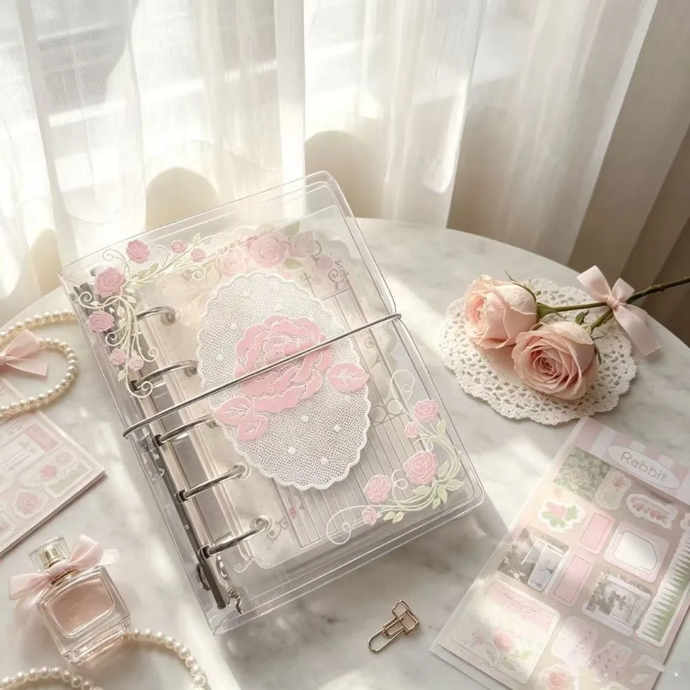 Durable PVC M5 Pocket Notebook with Elastic Band Romantic Vine Rose Print Loose Leaf Notebook 5 Hole Binder Journal Students