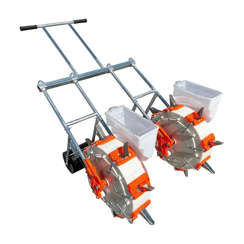 Double-Row Manual Push Planter for Corn Wheat and Small Grains with Adjustable Spacing Depth Control Ergonomic Handle and