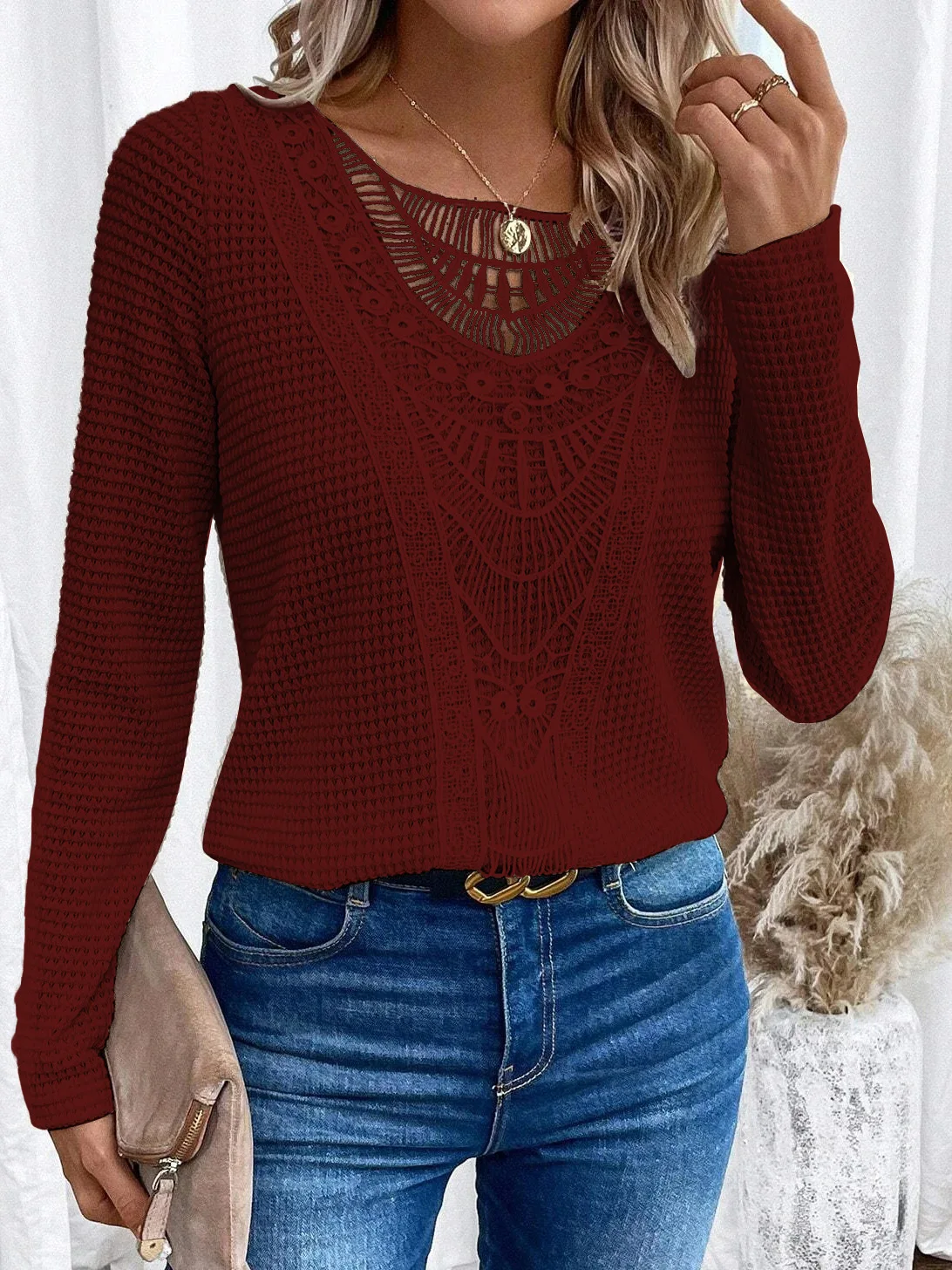 Camiseta lisa con cuello redondo recortada para mujer, camiseta elegante acanalada de manga larga con encaje en contraste, ropa de otoño e invierno