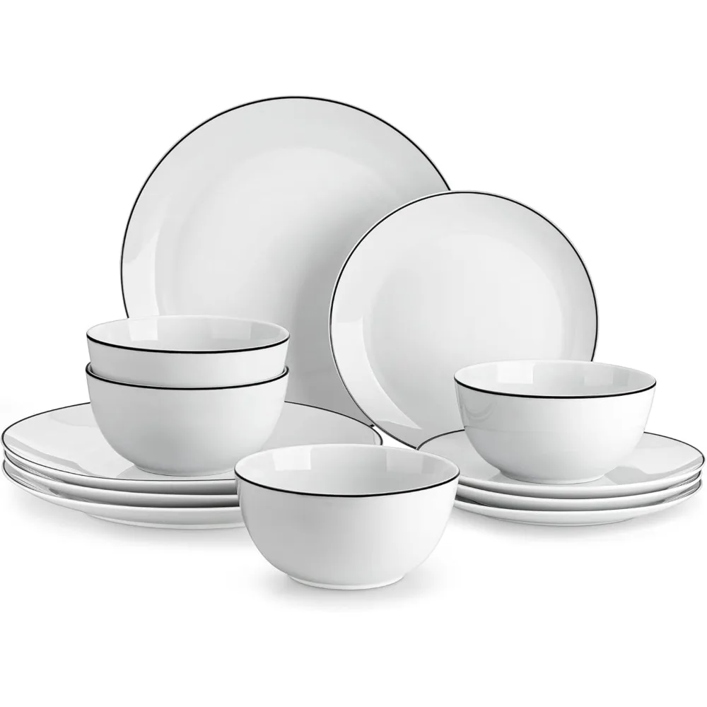 

12 Pieces Gourmet Porcelain Dinnerware Sets, Modern White Dish Set for 4, Premium Serving Plates and Bowls Sets