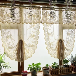 Korean Pastoral Flower Sheer Lace Balloon Curtain Golden Tie-up Lift Window Tulle Curtain For Living Room and Kitchen Home Decor