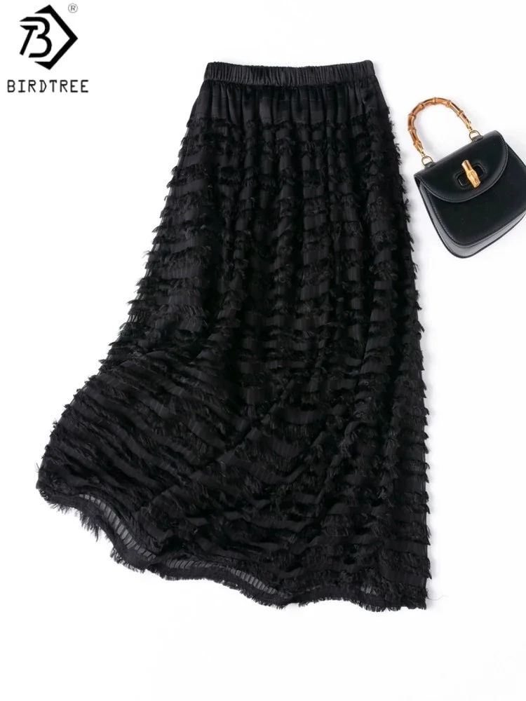 

BirdTree 100% Mulberry Silk Black Skirt,Woman Double-layer Elastic Waist Straight Bucket Skirts, 2025 Summer New D57302JF