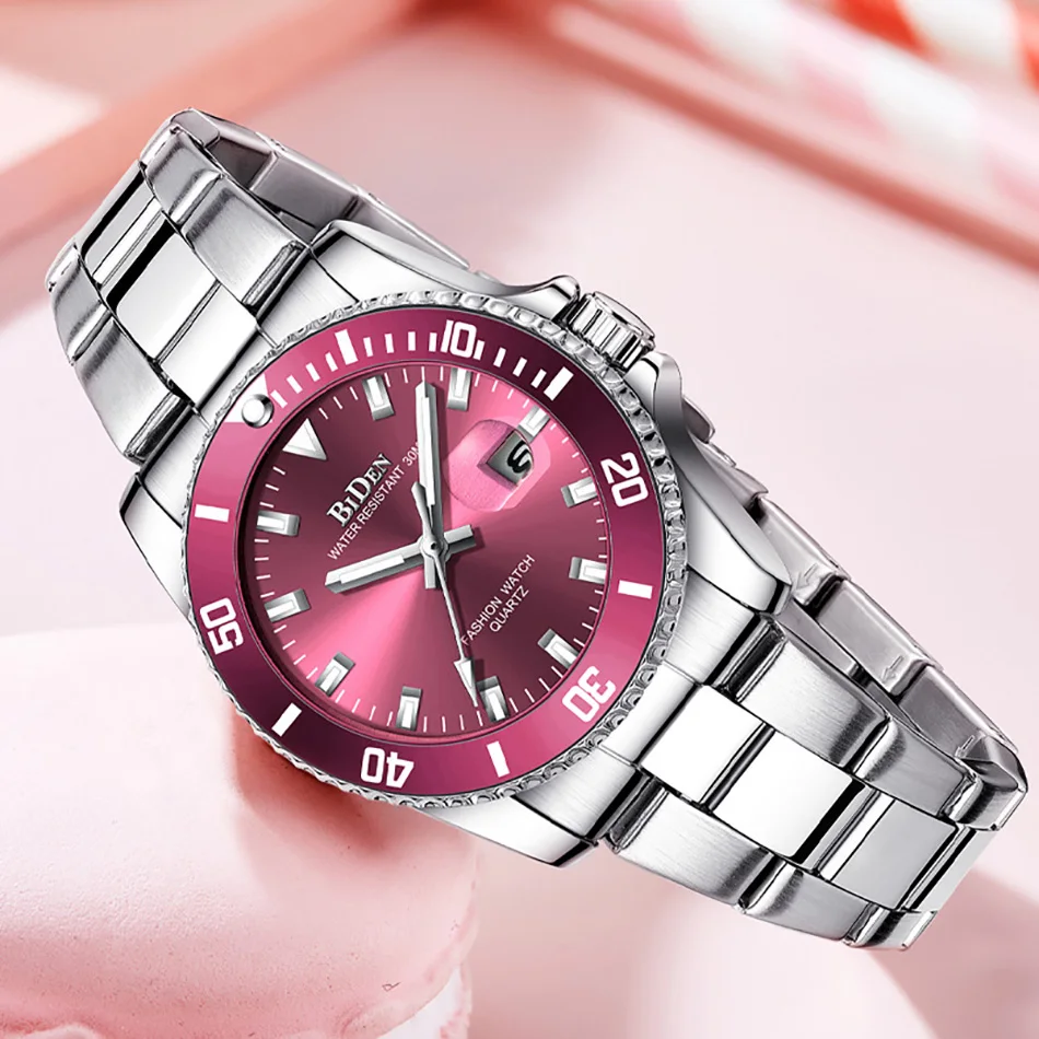 Reloj de moda de acero inoxidable para mujer, reloj de cuarzo con calendario de cristal, doble horario, regalos para mujer, accesorios de vestir