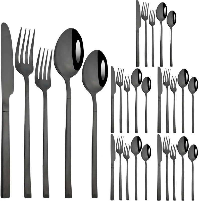 

AJOYOUS 30 Pieces Cutlery Set Stainless Steel Knife Fork Tea Spoon Black Flatware Western Dinnerware Household Kitchen Dinner