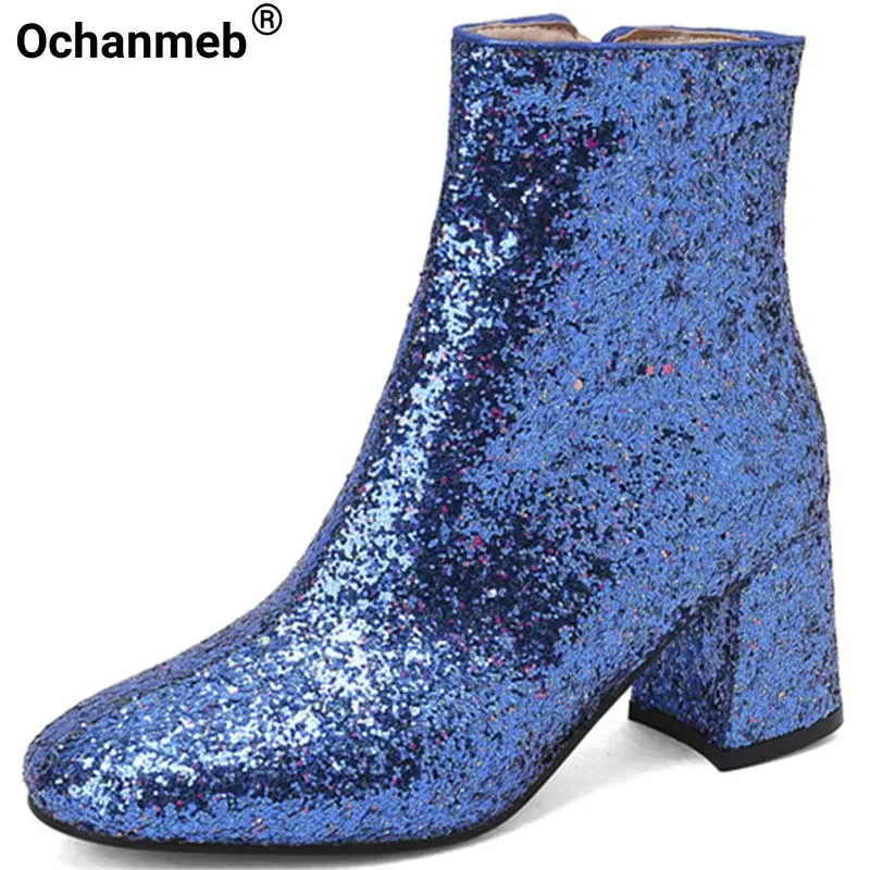 Ochanmeb Big Plus Size 49 50 Botas de mujer con purpurina azul dorado Botas cortas de tela con lentejuelas plateadas y tacón alto grueso Rojo 33
