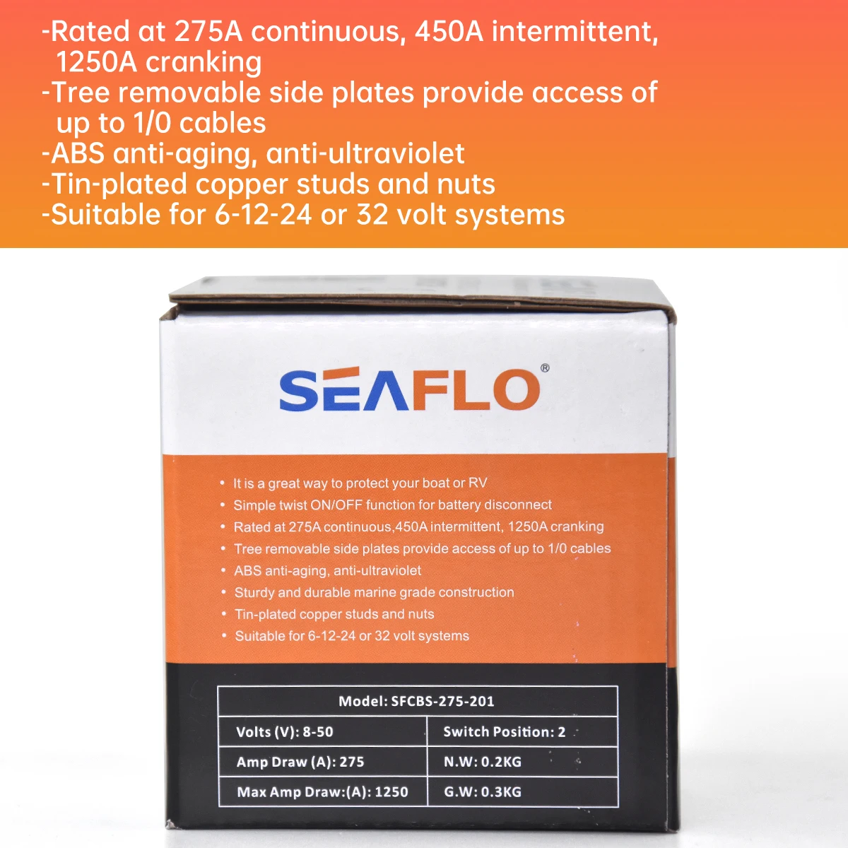 SEAFLO 2 Position Heavy Duty Marine Battery Isolator Switch, 275A Continuous, 450A Intermittent, 1250A cranking,8~50V