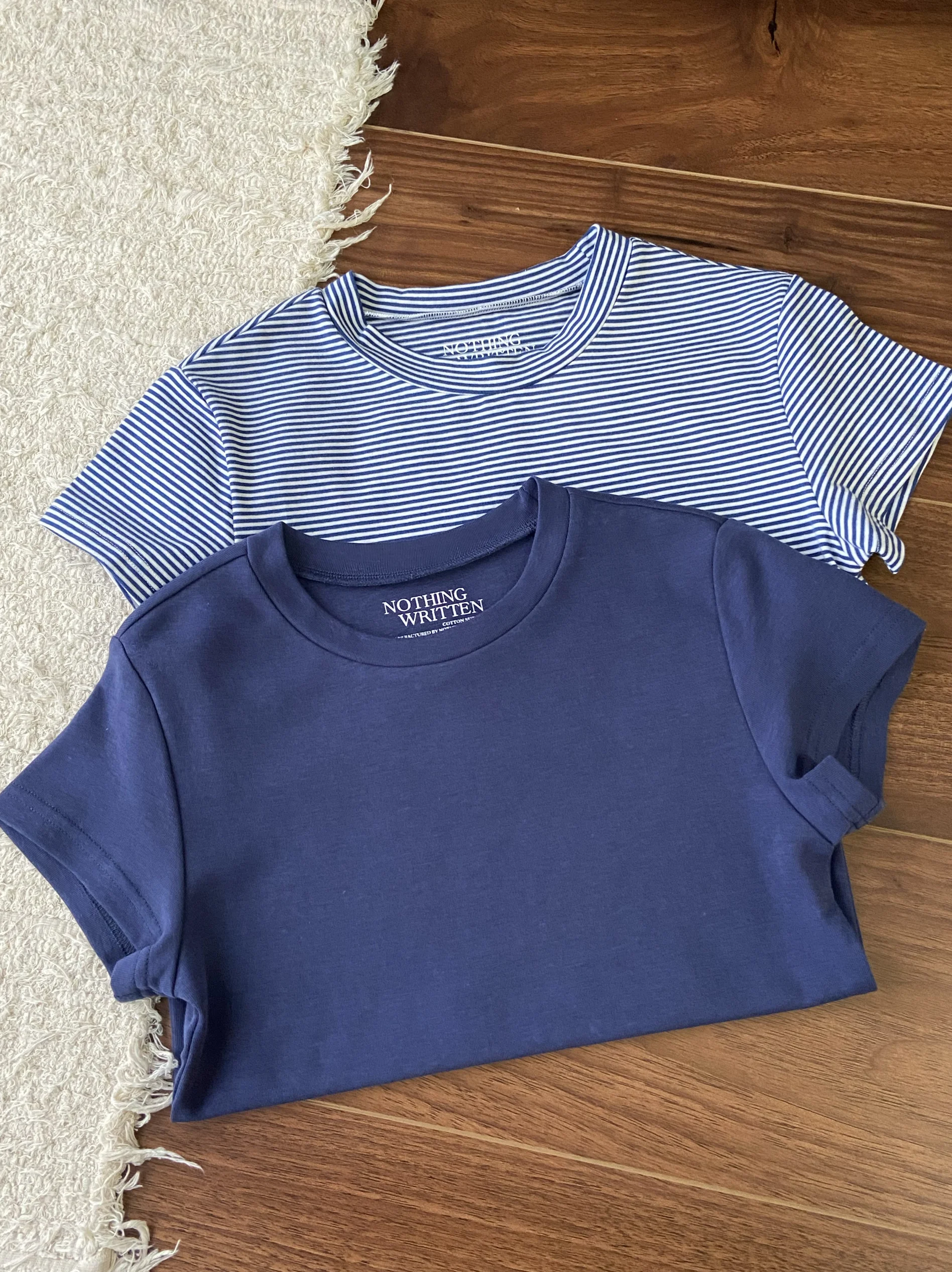 동대문 INS 라운드넥 반팔 슬림핏 숄더 티셔츠 면 00% 플레인 스트라이프 여성용 탑