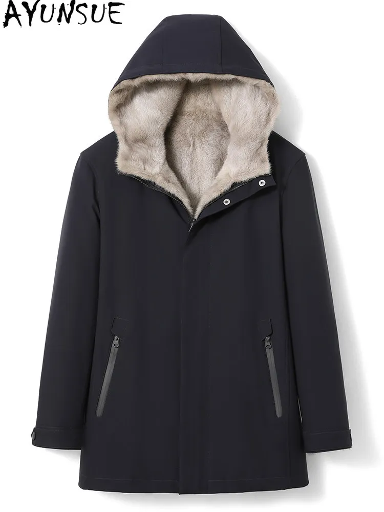 AYUNSUE Natural Mink Coat Men Winter Jacket Man Clothing Mid-length Parka Whole Mink Sleeve Lining Hoodie Loose Fit Reversible