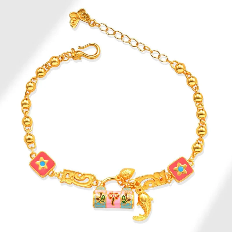 High-grade Blue Pink Enamel Flower Lock Bag Koi Bracelet Cute Fashion Gold Colour Bracelet For Women Gift KOFSAC