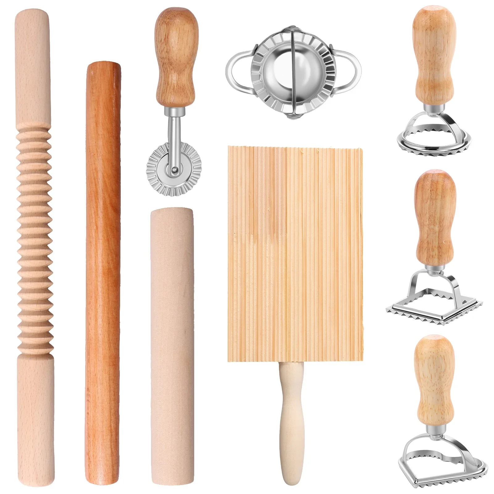 9-teiliges Nudelherstellungswerkzeug, effizientes Nudelherstellungs-Set mit Ravioli-Stempelschneidern, Nudelholz, Gnocchi-Brett, Teigschneider, Knödel