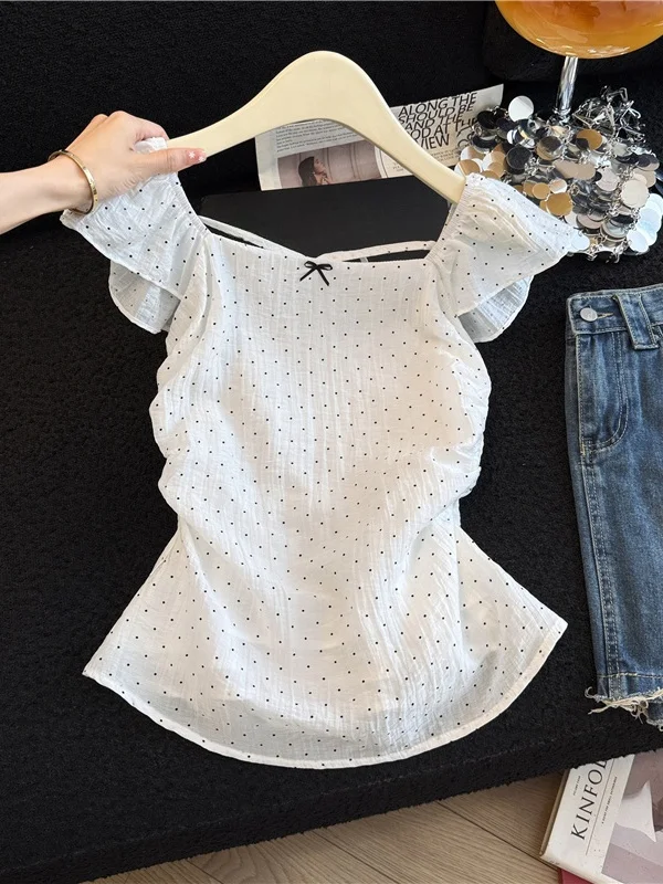 

Sweet Polka Dot Square Collar Short Sleeve Shirt Women Summer Slimming Pleated Waist Cinched Flight Sleeve Top French Style L...