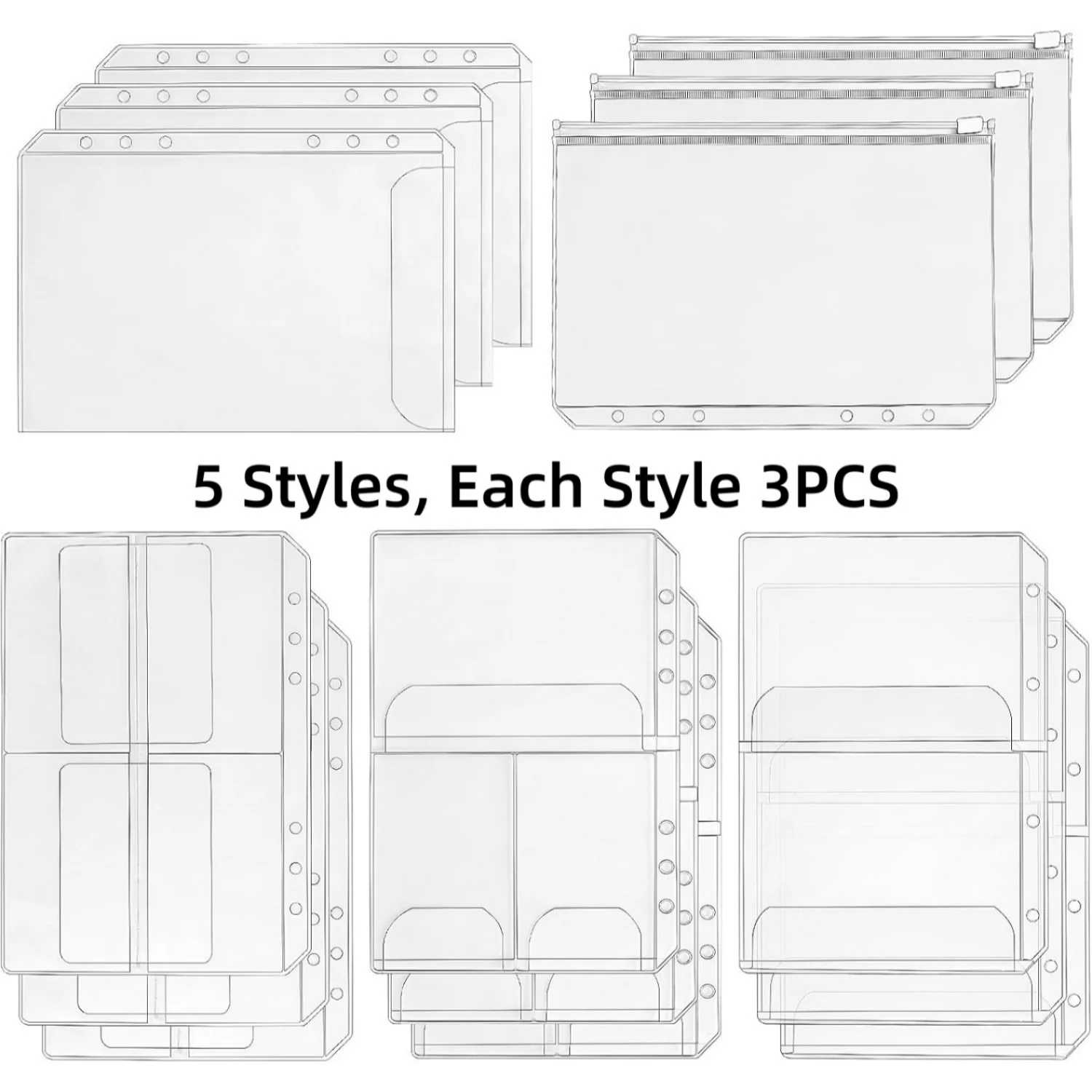 15PCS Waterproof PVC Zipper Folders for 6 Ring A5 Binder Document A5 Planner Insert Binder Pouche Loose Leaf Money Organizer Bag