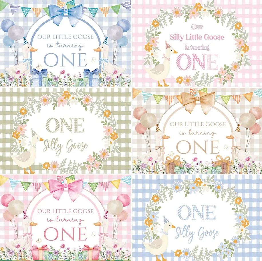 

Cute Little Goose Birthday Party Backdrop Pastel Checker Grid Bows Floral Boy Girl One Year Cake Smash Party Decor Background