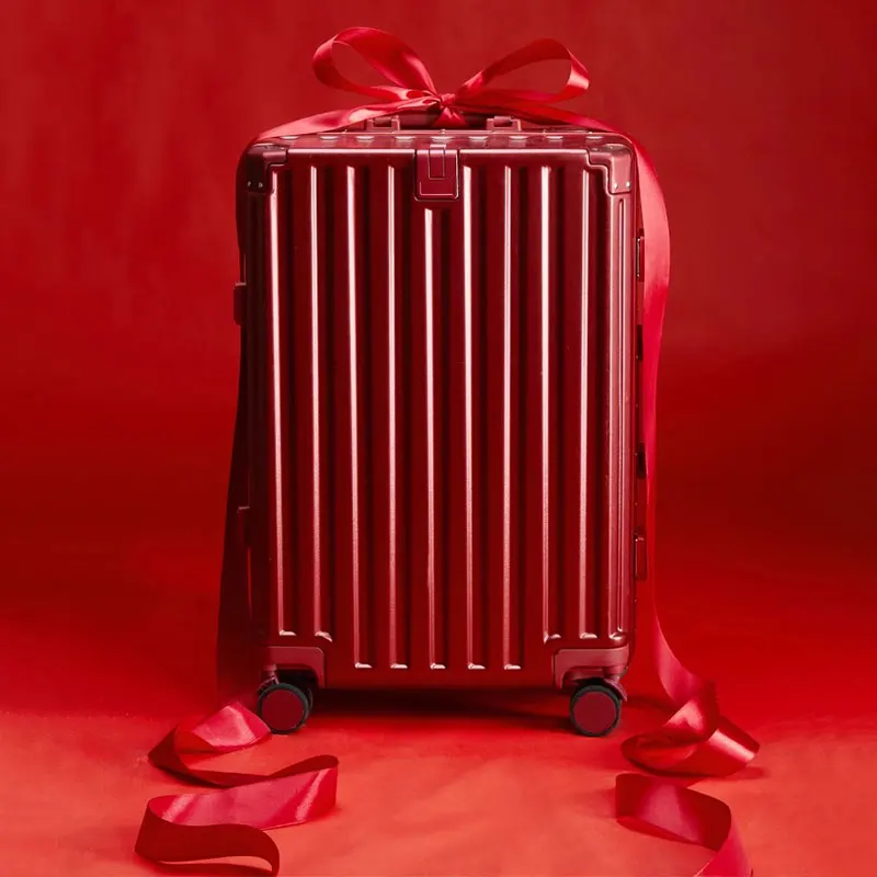 

Red Wedding Suitcase with Cup Holder Wet & Dry Separation Aluminum Frame Trolley Case 20" 22" 24" 26" Silent Spinner Wheels