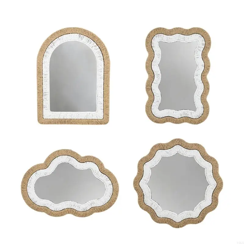 Decorative Wall Mirror with Natural-Fiber Textured Border and Hanger for Coffee Shop, Commercial, or Guesthouse Display Y5GB