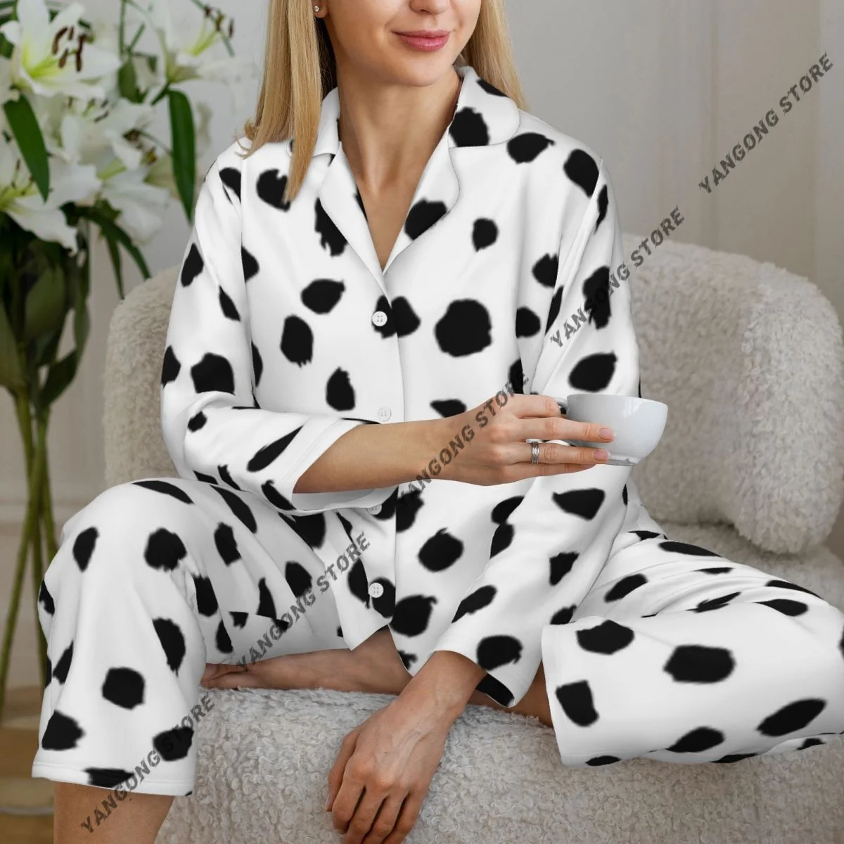 

Spring and Autumn Pajama Set Women's Long Sleeve Pants Two Piece Dalmatian Dog Print Home Furnishing Set