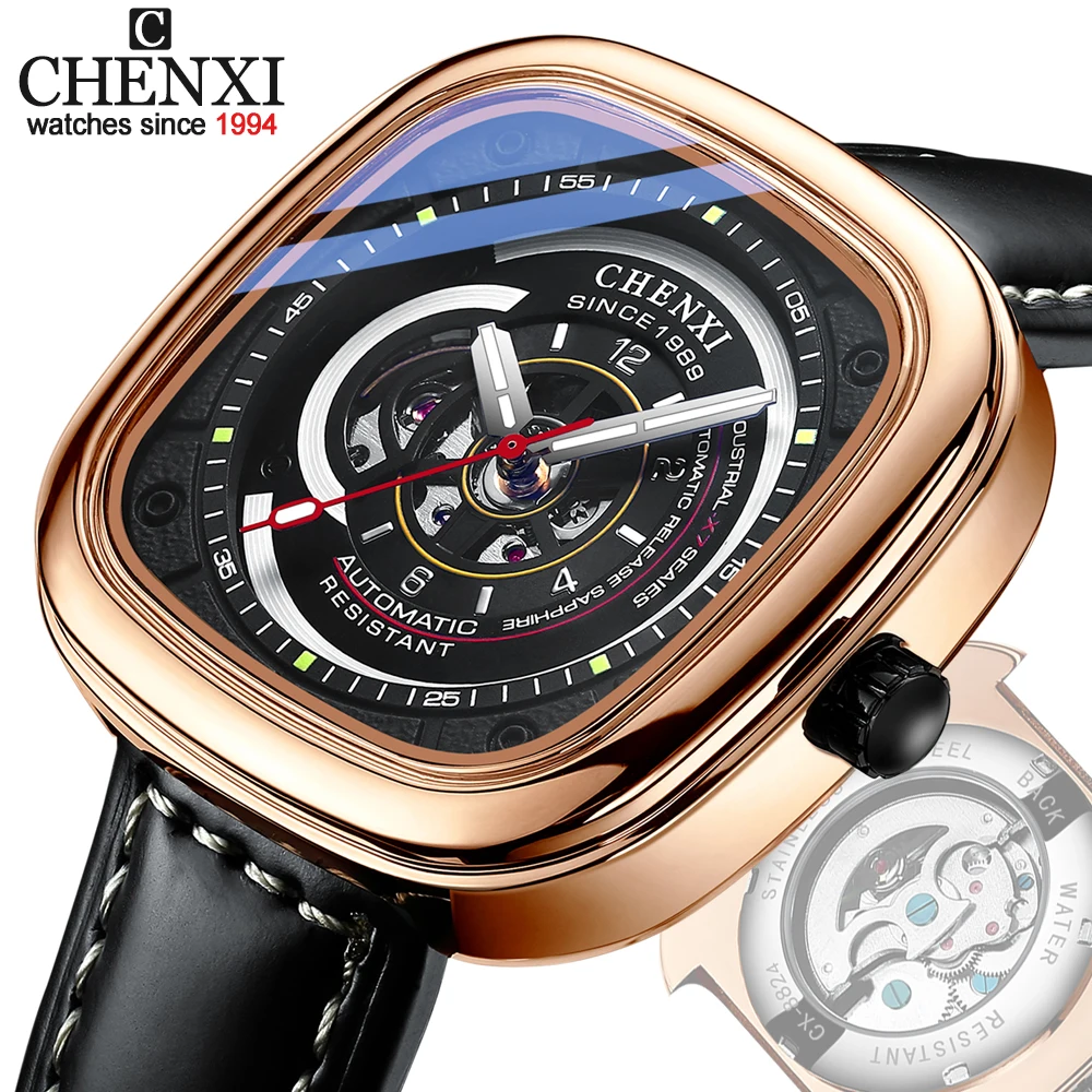 

2023 Fashion Chenxi Top Brand Men's Luxury Waterproof Men Leather Automatic Mechanical Square Luminous Business Tourbillon Watch