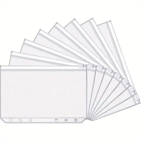 10PCS A6 6 Holes Clear Zipper Folders Waterproof PVC Cash Envelopes for Budgeting Binder Pockets Organizer