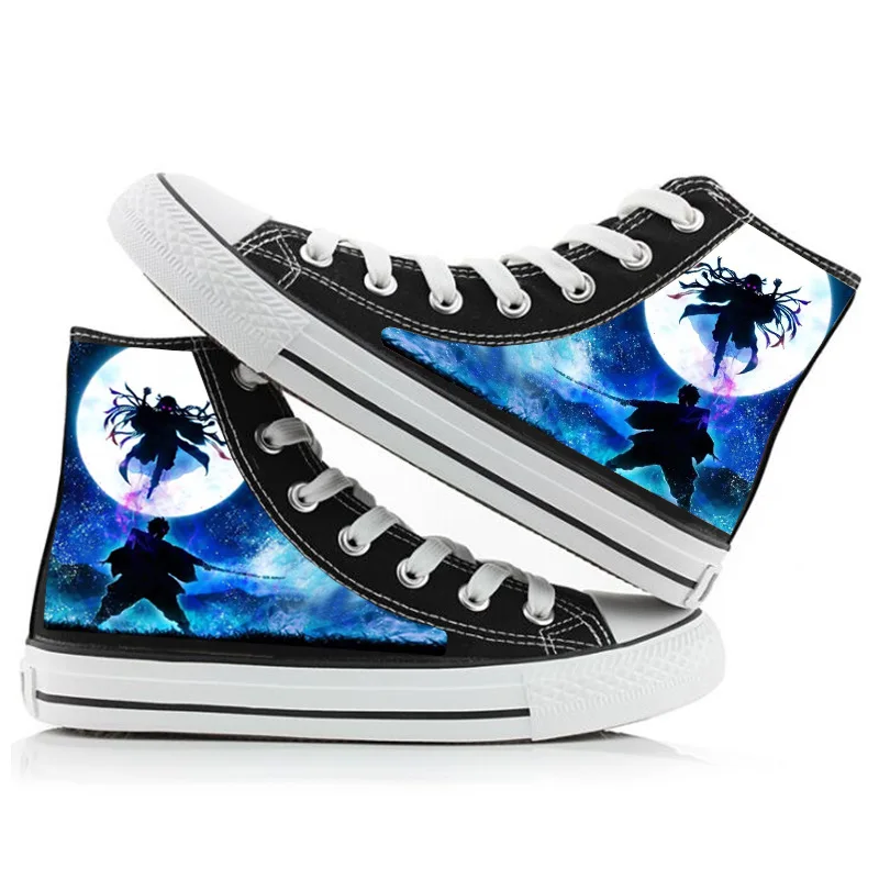 Demon Slayer Moonlight Silhouette High Top Canvas Shoe Black Anime Print Casual Sneakers Comfortable Lace Up Unisex Fashion Shoe