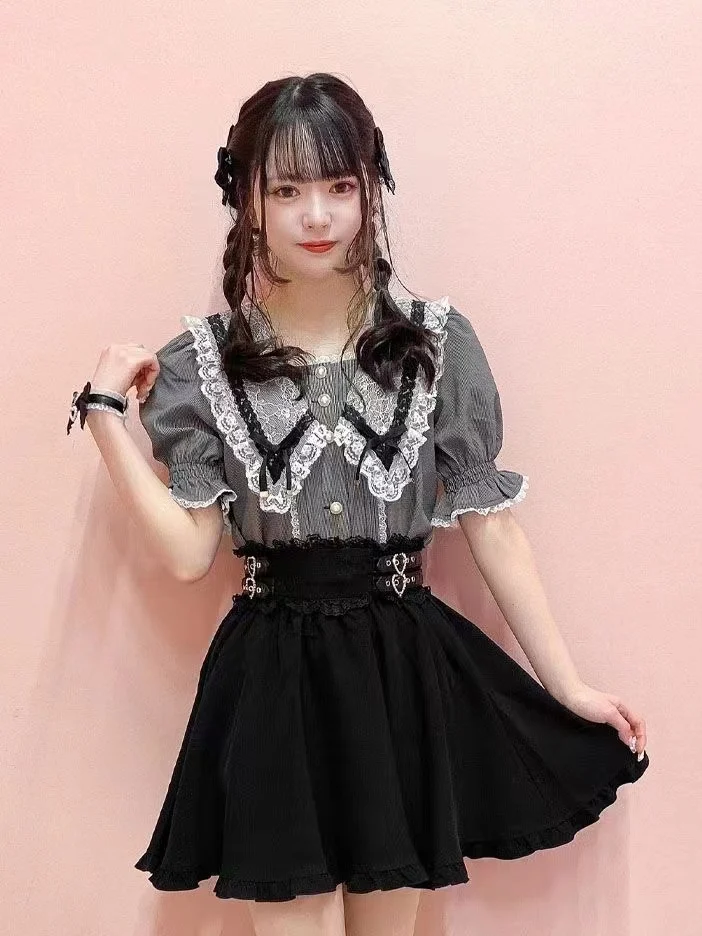 Japanese Mine Mass-Produced Heart Rhinestone Lace Ruffled Edge Lolita Skirts Fashion High Waist Slim Mini A- Line Skirt Women