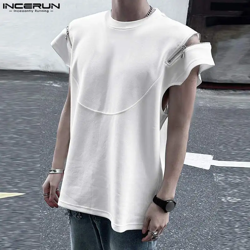 2024 Men T Shirt Solid Color Zipper O-neck Short Sleeve Streetwear Men Clothing Summer Korean Casual Male Tee Tops S-5XL INCERUN