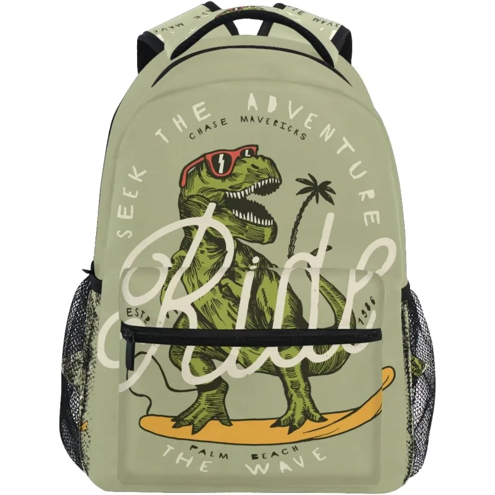 

Light Grey - Green Double - shoulder Backpack with Dinosaur Surfing Design, Red - Sunglassed Dino on Yellow Surfboard