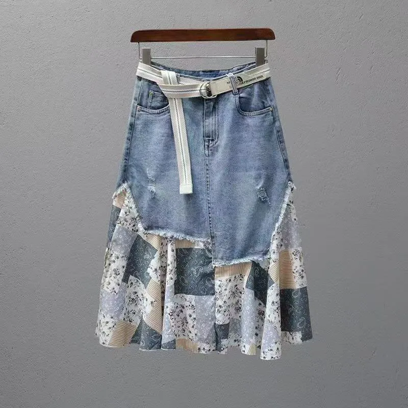 Fashion Patchwork Denim Skirt Women 2025 Summer High-Waisted Mid-Length Skirt Versatile Fashion Slim Skirt Trend European Goods