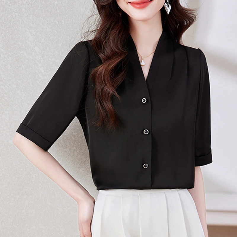 Women Summer Korean Fashion Satin Button Shirts Office Lady Elegant Business Casual Blouses Solid V Neck Short Sleeve Slim Tops