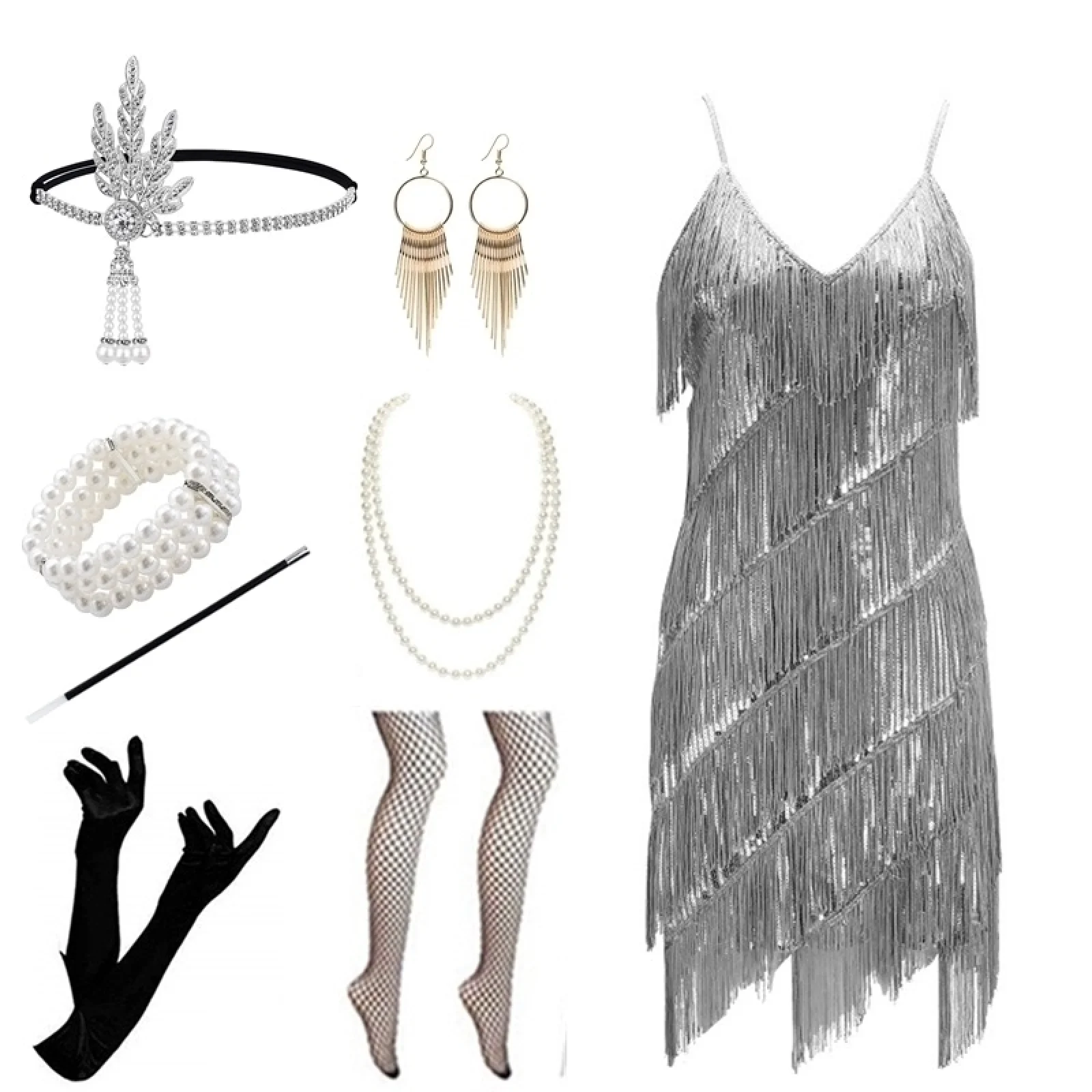 Vestido feminino sem mangas com borla e lantejoulas, decote em V, lantejoulas, frisado, franjas, com acessórios para traje de baile de Halloween