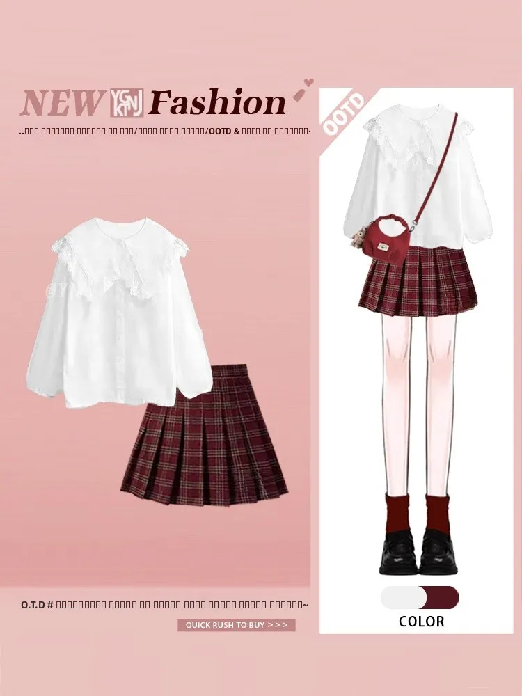 

Miu Sle Sweet Outfit Осенний клетчатый кукольный воротник и юбка Комплект длинной све на пуговицах Cute Faion Комплект из двух предметов для женщин