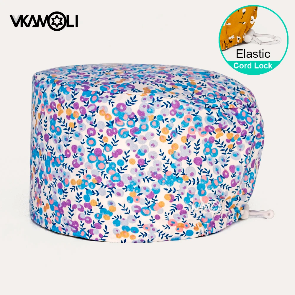 Women's 100% Cotton Health Service Scrubs Cap with Cartoon Print Adjustable Elastic Buckle Pet Beauty Work Hat for Long Hair