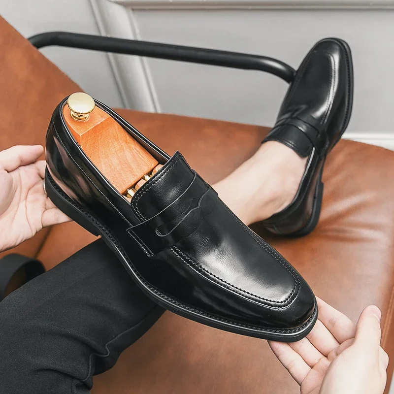 Black Men Loafers Shoes Wedding Business Men Dress Shoes Pu Leather Slip-On Solid Round Toe Handmade Men Shoes Size 38-44