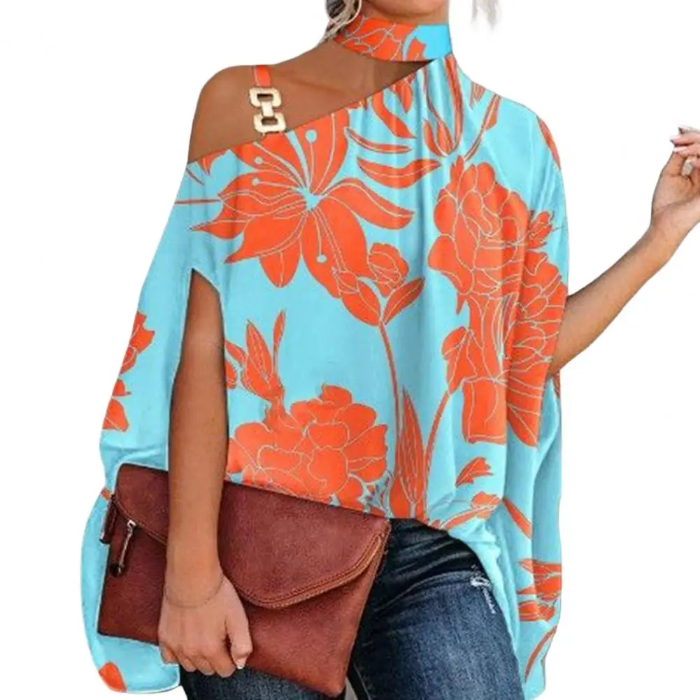 Autumn Women Blouse Flower Print Rich Colors Loose Baggy One Shoulder Spring Blouse Shirts Women Tops