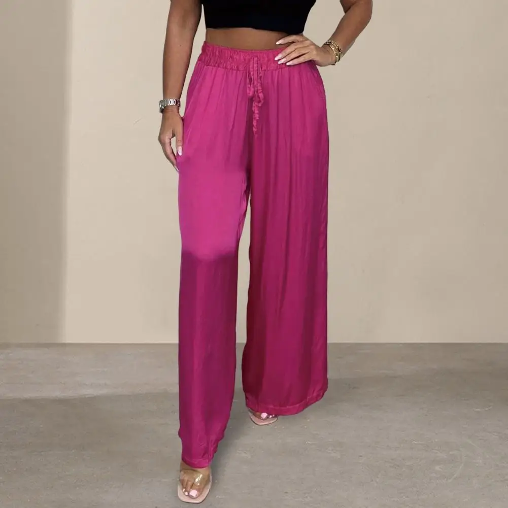 Straight Leg Satin Pants Elegant Satin Wide Leg Pants for Women Adjustable Drawstring Mid-rise Trousers Stylish Solid Color