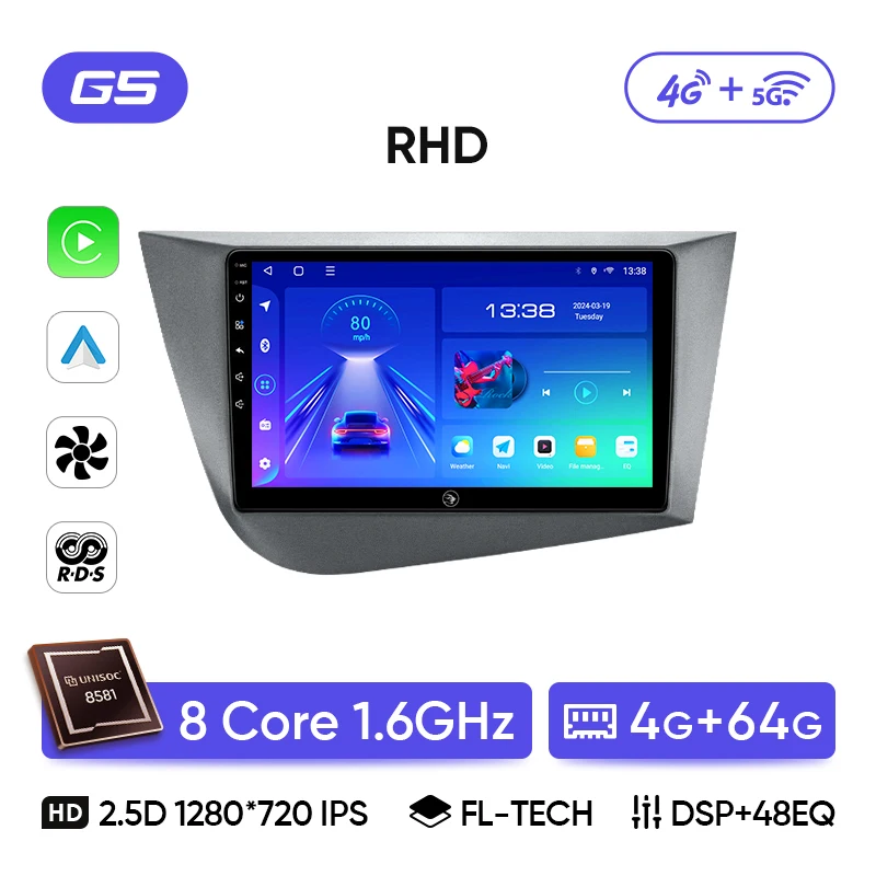 Autoradio Android Seat Leon MK2 Inefala 8 Cœurs Autoradio Pour Seat Leon MK2 2005-2012 4G 64G Android 15, 9'' Écran Tactile Avec Sans Fil Carplay Android Auto Lien Miroir Radio FM/RDS 32