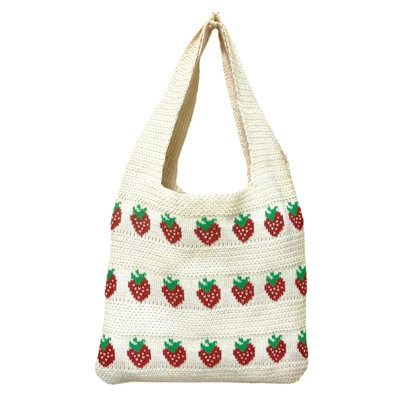 

2025 Shoulder Bag For Women Strawberry Print Knitted Tote Bag Spring Summer Lightweight Travel Cottagecore Minimalist Hand Bag